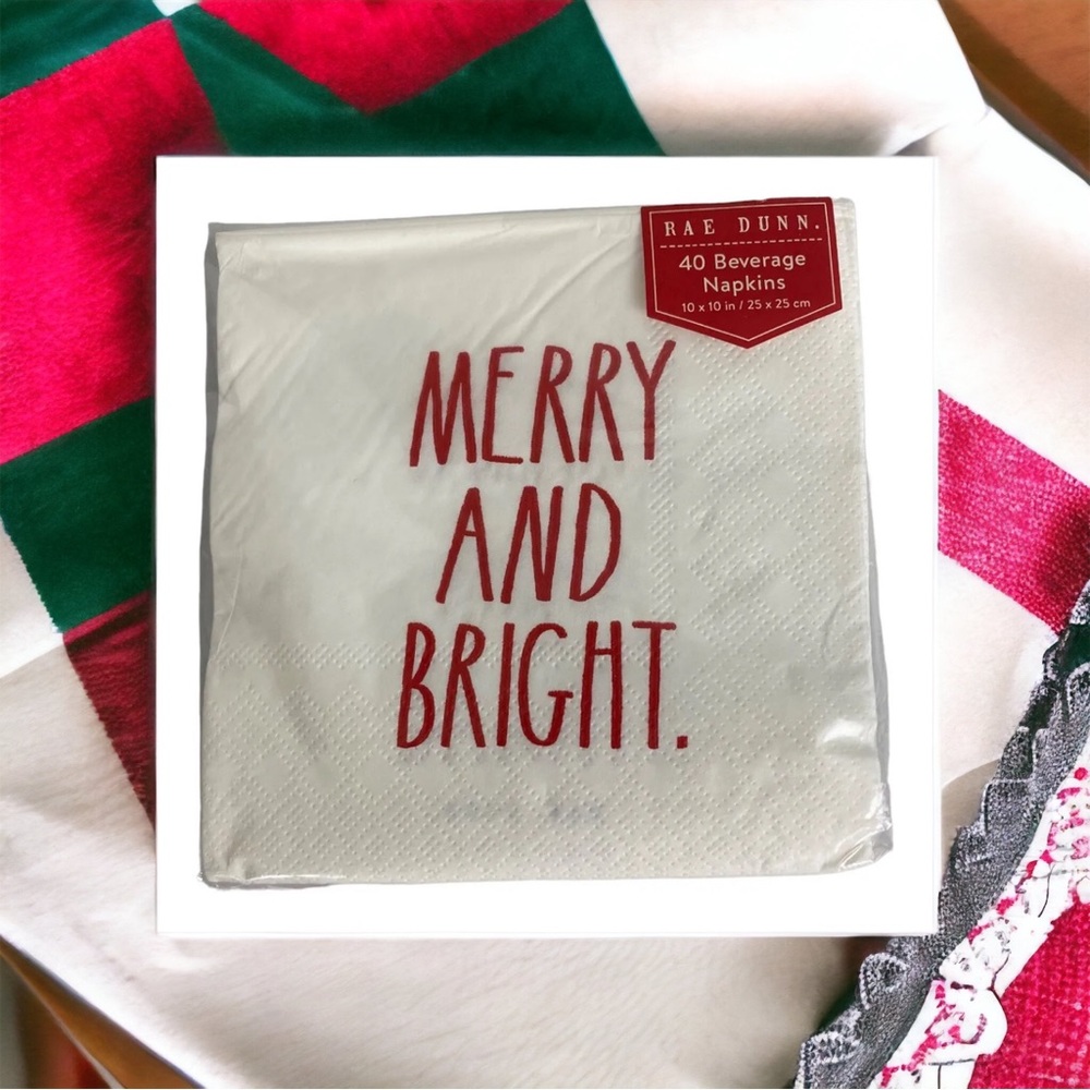 RAE DUNN Merry And Bright 40 Paper Beverage Napkins Christmas Holiday Red